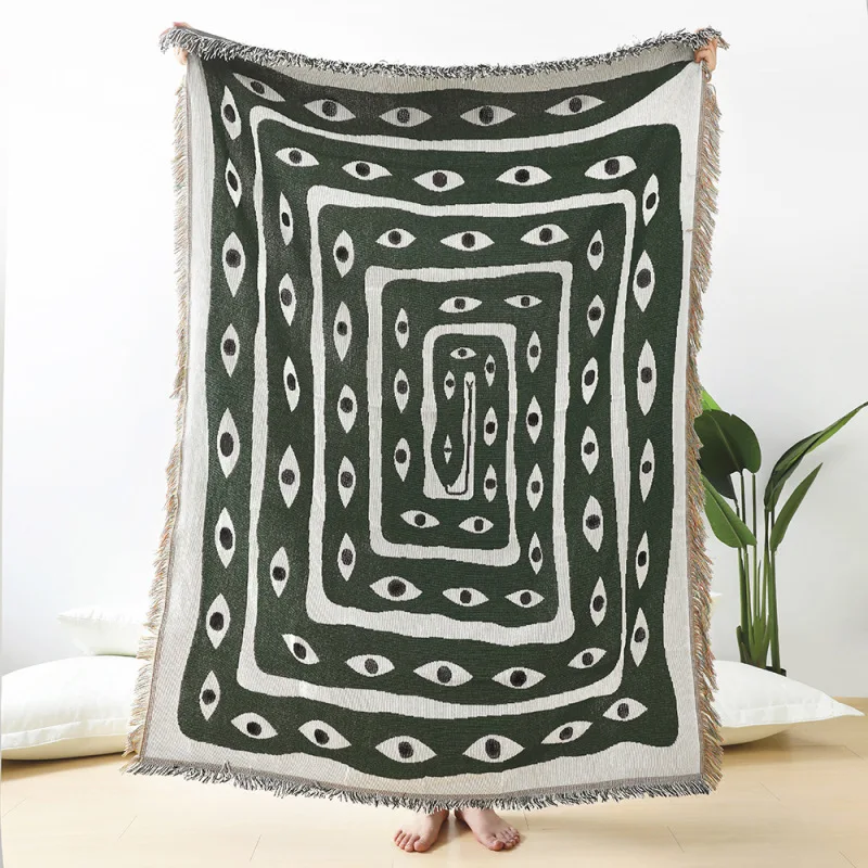 Boho Throw Blanket Fringe - Manta Jacquard Olho Grego Verde e
